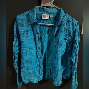 Chico's Design Silk/ Linen Button Down Asian/ Mandarin Long Sleeve Top Sz 0 S